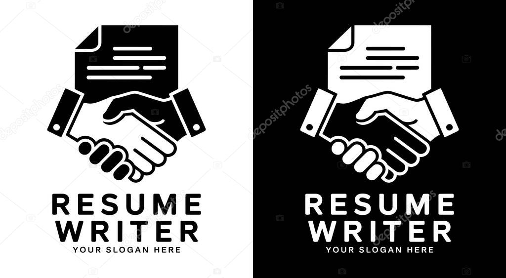 Professional document and handshake logo for resume writers and career coaches representing job search success and employment opportunities