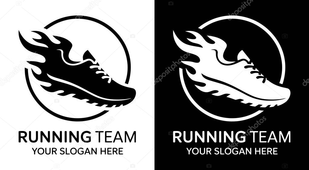 Dynamic shoe and flame logo for track teams representing explosive speed and competitive racing excellence