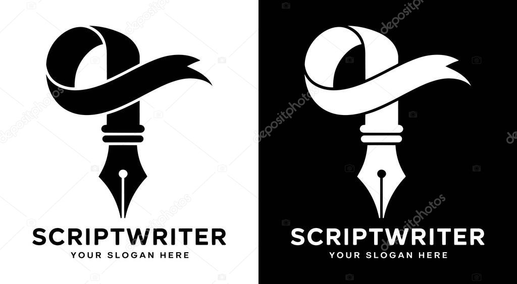 Classic scroll and fountain pen logo for screenwriters representing powerful storytelling and character-driven scripts