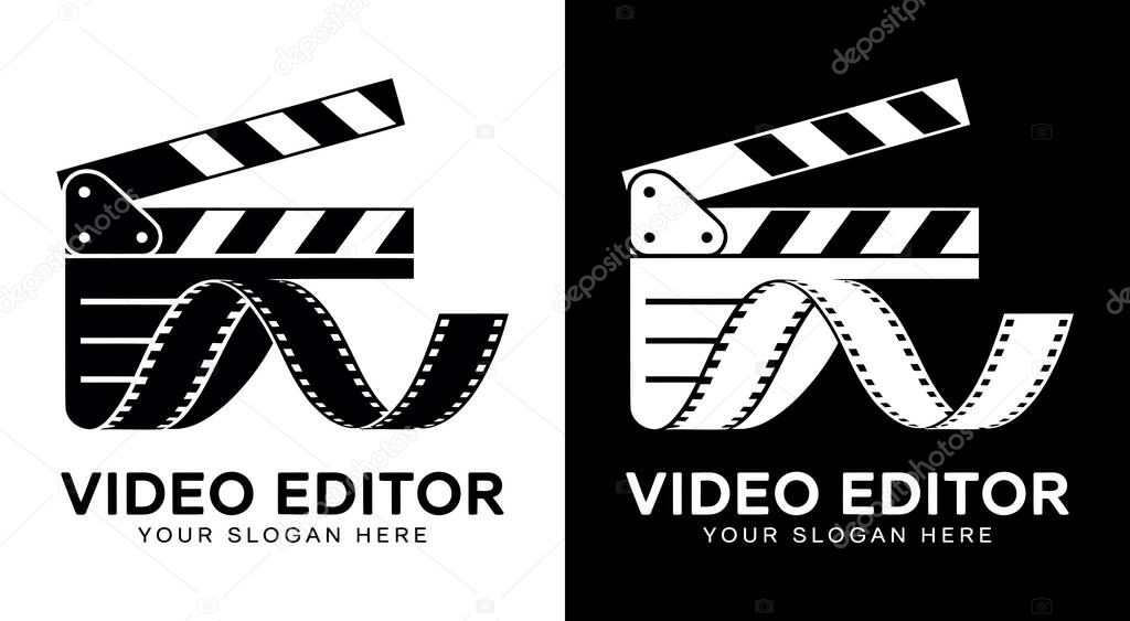 Professional clapper and film reel logo designed for video editors filmmakers and production studios perfect for cinematic branding and media projects