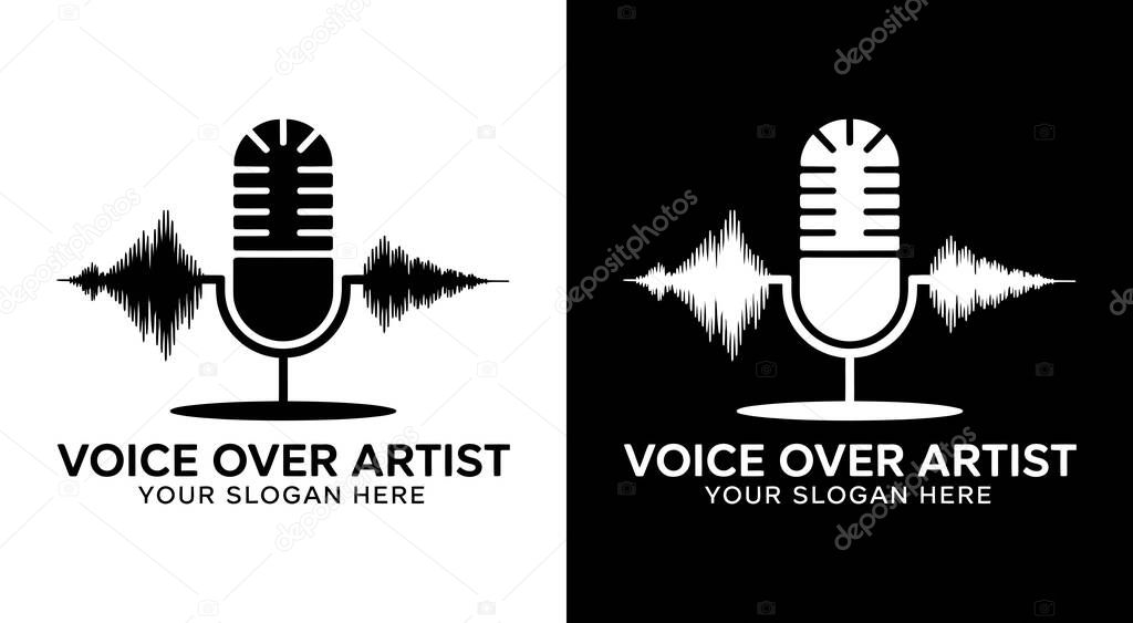 Professional microphone and sound wave logo for voice actors representing crisp vocal performances and studio quality recordings