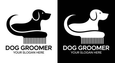 Köpek bakımı hizmetleri için ideal bir köpek ve fırça ikonu içeren koyu siyah logo. Hayvan bakım evleri ve hayvan bakım şirketleri hijyen şımartma ve profesyonel tımar üzerine odaklanmış.