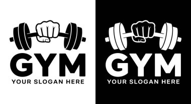 Üzerinde halter ve yumruk ikonu olan koyu siyah logo spor salonu spor salonu spor salonu antrenörleri vücut geliştirme antrenörleri ve güçlü odaklı sağlık ve sağlık markaları için mükemmel.