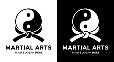 Kemerli siyah logo ve dövüş sanatları akademileri için hazırlanmış yin yang ikonu. Savunma eğitim merkezleri ve organizasyonlar disiplin ve güç odaklı.