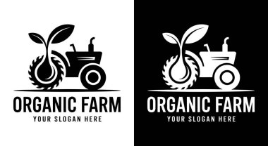 Sert siyah bir logo traktörü filizlenen tohumla birleştiriyor, mekanik tarımı ve organik büyümeyi sembolize ediyor. Sürdürülebilir çiftlikler, tarım kooperatifleri ve doğal gıda üretimine olan bağlılıklarını göstermek isteyen çiftlikten sofraya markalar için mükemmel.