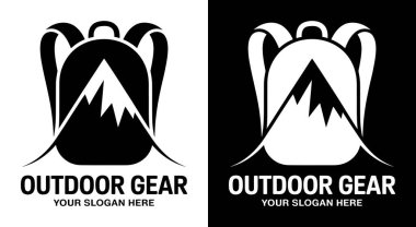 Açık hava vitesleri için hazırlanmış bir sırt çantası ve zirve simgesi içeren cesur siyah logo macera seyahat şirketleri ve yürüyüş ve keşfe odaklı hizmetler