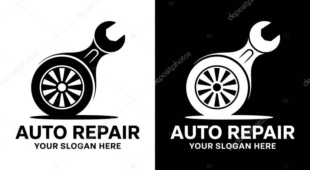 A rugged black logo combining a wrench with car wheel perfect for auto shops mechanics and tire services The industrial design represents reliability and technical expertise