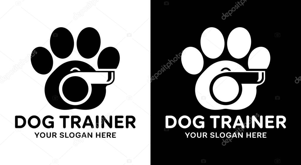 A striking black logo combining a paw print with trainer's whistle, representing canine loyalty and professional obedience training. Perfect for dog trainers, pet behaviorists, and kennel businesses seeking an authoritative yet approachable identity.