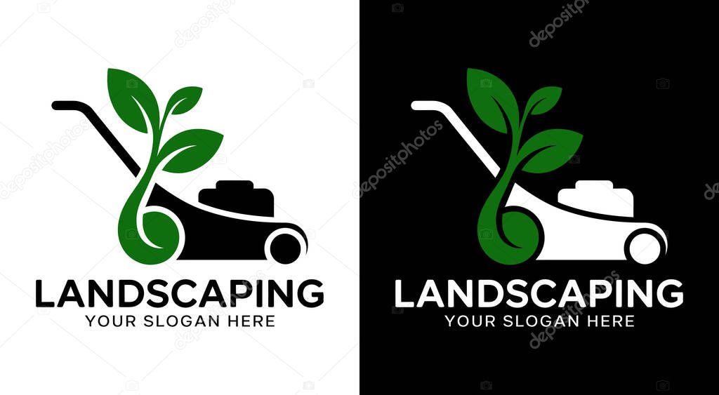 A rugged black logo combining lawn mower and leafy plant elements, built for landscaping businesses and garden care services. Perfect for lawn care specialists, groundskeepers, and outdoor maintenance companies looking for a strong, nature-inspired i