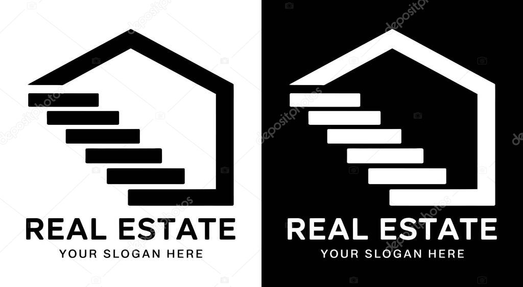 A striking black logo merging a ascending staircase with protective roof, symbolizing growth and homeownership dreams. Perfect for realtors, developers, and housing agencies helping clients climb the property ladder.