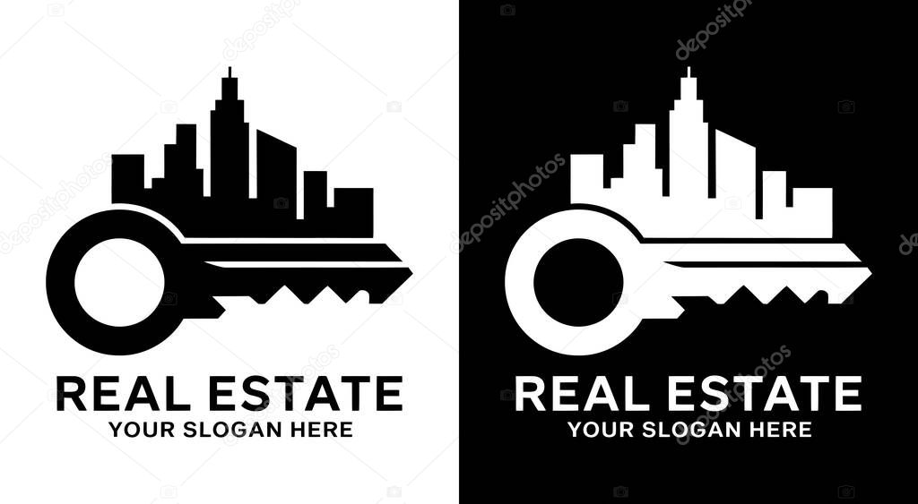 A striking black logo combining a key with city skyline representing urban real estate excellence Perfect for brokers developers and luxury property firms in metropolitan markets