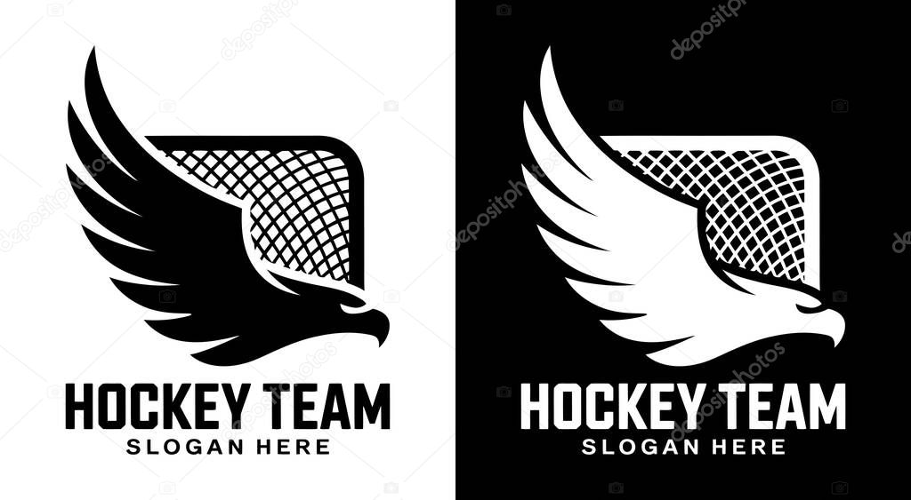 Bold black hockey logo featuring a powerful eagle and net design ideal for hockey teams sports clubs and athletic groups focused on dominance strength and winning mindset