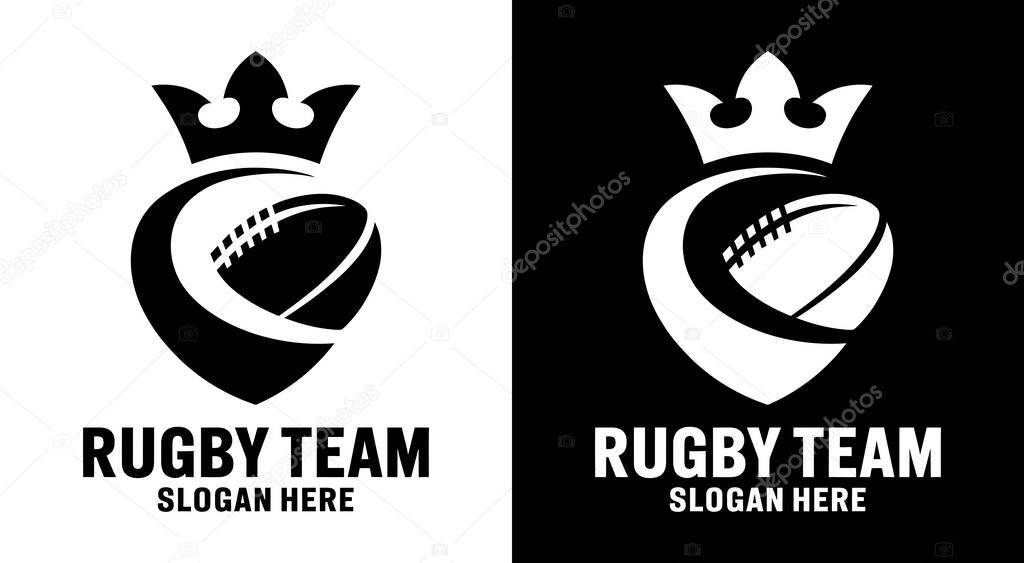 Bold black rugby logo featuring a shield and scrum elements perfect for rugby teams sports clubs and athletic organizations focused on unity strength and teamwork