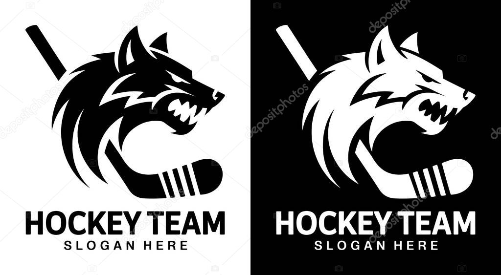 Bold black hockey logo featuring a fierce wolf and stick design perfect for hockey teams sports clubs and athletic organizations focused on ferocity power and domination