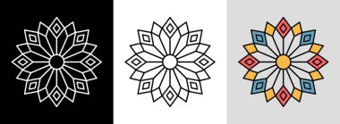 Kesişen çizgilerle kalın radyal mandala ve dinamik dekor için canlı elmaslar.