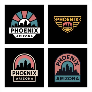 Günbatımı, kaktüs, dağlar ve çöl içeren eski tarz Phoenix Arizona silueti.