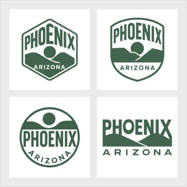Geometrik Phoenix silueti çöl ve şehir simgeleriyle simgelenmiş. Arizona turizm, seyahat veya markalaşma projeleri için ideal.
