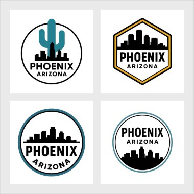 Simgesel binalar ve çöl unsurlarıyla Phoenix silueti. Arizona turizm ve markalaşma projeleri için mükemmel..