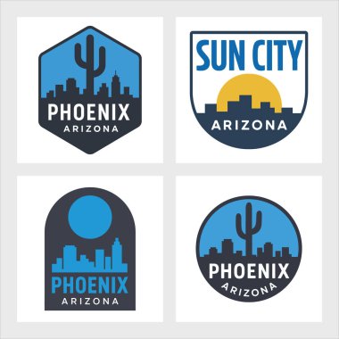 Kentsel ve çöl simgeleriyle şekillendirilmiş Phoenix siluet logosu. Arizona turizm, seyahat ve markalaşma projeleri için mükemmel..