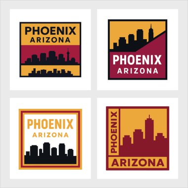 Kare şeklinde Phoenix silueti, çöl manzarası, günbatımı, kaktüs ve dağ elementleri temiz bir amblemde.