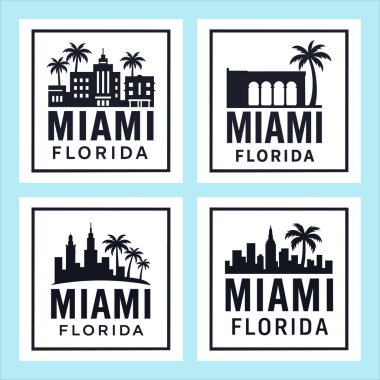 Miami, Florida 'nın siyah siluet silueti çarpıcı, sembolik simgelerle dolu, parlak bir tasarım. Şehir dekorasyonu, hatıra eşyaları, markalaşma ve turizm sanatı için mükemmel..