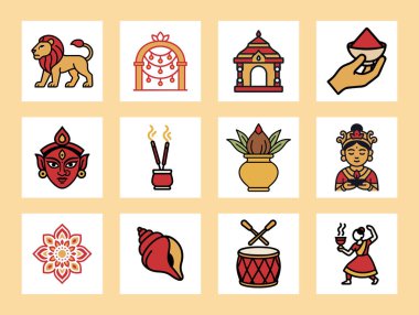 Hindu dini sembolleri, geleneksel elementler ve şenlikli Hint kültürel tasarımları içeren renkli Durga Puja simgesi seti