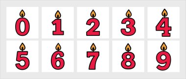 Renkli mumlar. Yıl dönümü pastaları ve festival kutlamaları için 0 'dan 9' a kadar.