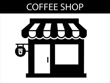 Çizgili tenteli ve asılı kahve fincanı tabelalı bir kahve dükkanını tasvir eden minimalist siyah ve beyaz vektör simgesi. Kafe markası, menü veya web sitesi tasarımları için ideal..