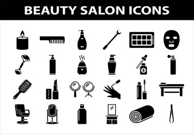 Makyaj, saç bakımı, cilt bakımı, spa aletleri, fırça, ayna, tırnak cilası, ruj, yüz maskesi, masaj masası ve kozmetik şişe gibi profesyonel güzellik salonu ikonları. Kuaför markası ve spa servisi için mükemmel.