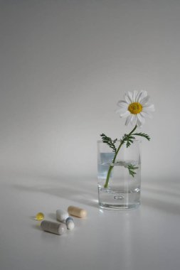 Sade bir yüzeydeki bir bardak suyun içindeki beyaz bir papatyanın minimalist kompozisyonu. Bardağın yanında, çeşitli kapsüller ve yumuşak bir hap, doğal sağlığı, sağlığı veya sağlığı sembolize eder.