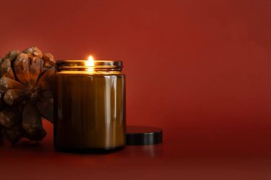 A decorative aromatic candle in a glass jar, accompanied by a natural pinecone, all set against a bold red background. The minimalist composition is ideal for holiday themes, relaxation, or product clipart