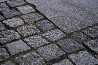 Taşların arasında yosunların büyüdüğü bir kaldırım taşı deseninin detaylı bir görüntüsü. Taşın pürüzlü dokusu ve yumuşak yosun arasındaki zıtlık doğal bir estetik yaratır. Kullanım için ideal