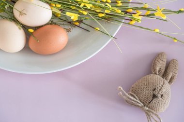 Doğal kumaştan yapılmış el yapımı bir Paskalya tavşanı taze yumurta ve pastel renkli arka planda sarı çiçeklerin yanında oturuyor. Kırsal, çevre dostu tasarım, bayrama sıcaklık katıyor.