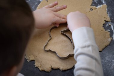 Küçük bir çocuk hamuru tavşan figürüne dönüştürmek için büyük bir kurabiye bıçağı kullanır. Un ve hamur mutfak yüzeyine saçılmış, neşeli bir Paskalya pişirme sahnesini yakalıyorlar. Mevsimlik, aşçılık ve çocukluk görselleri için mükemmel..