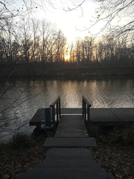 Huzurlu bir ahşap iskele sakin bir göl üzerinde uzanır, arka planda altın gün batımı parıltısı vardır. Nehir kıyısındaki çıplak ağaçlar sakin kompozisyonu tamamlıyor. Seyahat dergileri, sakinleştirici tasarım projeleri ve doğadan esinlenilmiş duvar sanatı için uygundur.