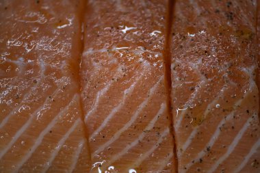 Yağlı ve karabiberli çiğ somon filetosu. Yemek blogları, deniz ürünleri ürünleri promosyonları, restoran menüleri ve beslenme içeriği için ideal. Tazeliği, omega-3-zengini malzemeleri ve aşçılık için yüksek kaliteli proteini vurgular.