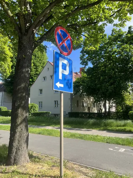 Park yeri olmadığını ve güneşli bir günde ağacın yanında tek yönlü yol olduğunu gösteren tabela. Bir yerleşim bölgesinde şehir altyapısı ve trafik kuralları. Taşımacılık ve tabela için ideal