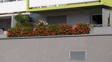 Çağdaş apartman balkonu canlı kırmızı çiçekler ve yeşil bitkilerle süslenmiş, rahat ve renkli bir açık hava alanı yaratıyor. Gri ve yeşil aksanlı temiz mimari tasarım modern bir şehir hissi veriyor. R 'nin temaları için mükemmel