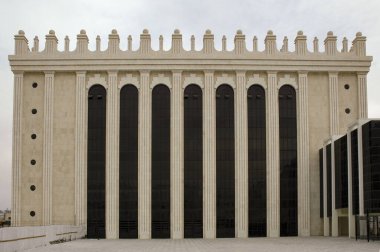 Exterior view of the large Belz Great Synagogue complex modeled after the Jewish Temple in Jerusalem, Israel.  clipart