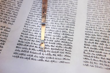 Tevrat okuyucusunu İbranice metin üzerinden yönlendirmek için bir yad veya işaretçinin yakınlaştırılması.