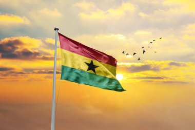 Gana bayrağını gün batımına ya da gündoğumuna karşı sallıyor. Cumhuriyet Günü ve Bağımsızlık Günü için Gana bayrağı.