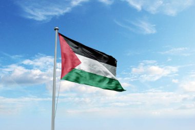 Mavi gökyüzünde Filistin bayrağı sallıyor. Cumhuriyet Günü ve Bağımsızlık Günü için Filistin bayrağı.