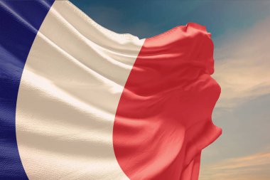 Waving flag of France in blue sky. France flag on pole for Independence Day. The symbol of the state on wavy fabric. clipart