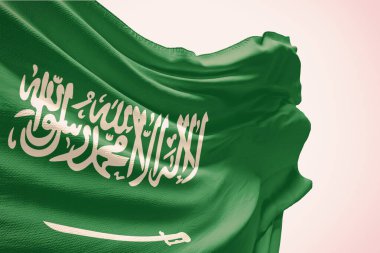Beyaz arka planda Suudi Arabistan bayrağı sallıyor. Bağımsızlık Günü için kutupta Suudi Arabistan bayrağı var. Devletin dalgalı kumaş üzerindeki sembolü..