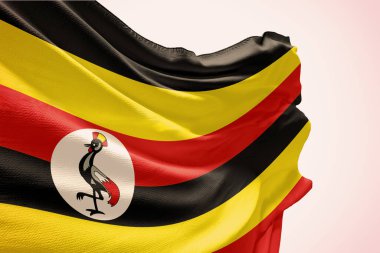 Beyaz arka planda Uganda bayrağı sallıyor. Bağımsızlık Günü için direkte Uganda bayrağı. Devletin dalgalı kumaş üzerindeki sembolü..