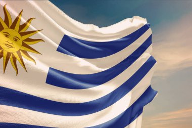 Kumaş bayrak sallayan uruguay bayrağı. 3d oluşturma