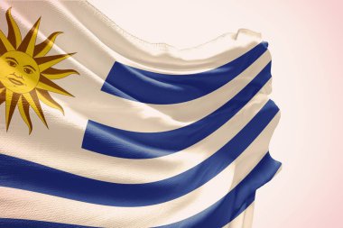 Uruguay mavi arka planda güneş ışınlarıyla bayrak sallıyor. 3d oluşturma.