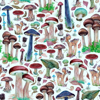 Seamless pattern with lots of watercolor mushrooms and leaves.