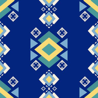 üçgen geometrik, kabile, etik, kusursuz desen, yeşil, sarı mavi arkaplan