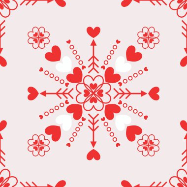 Kalplerin, çiçeklerin ve okçuluğun geometrik dizaynına sahip kusursuz bir aşk deseni.